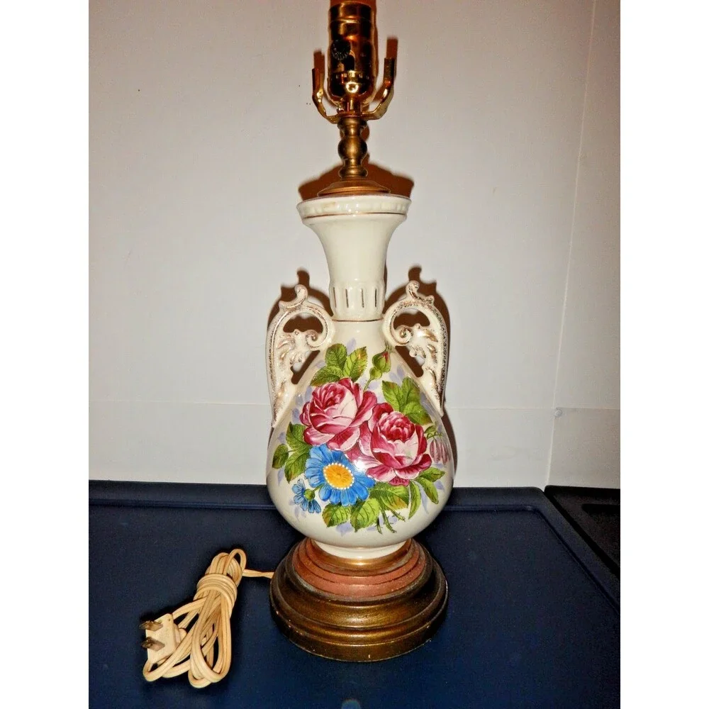 Vintage Porcelain Urn Table Lamp Roses Gold Scroll Handles Floral Hand Decorated